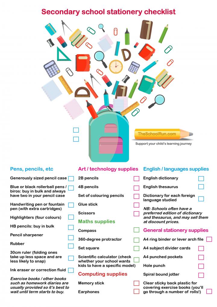 Free secondary school stationery checklist