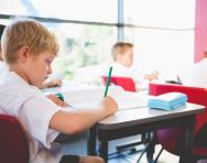 Schoolboy studying in classroom Schoolboy studying in classroom