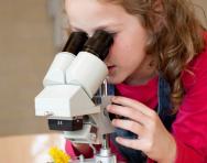 Little girl looking at flower through microscope