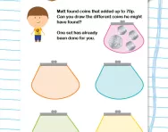Adding coins to make 70p worksheet