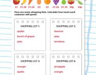 Adding up shopping lists worksheet