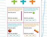 Addition story problems: adding three numbers worksheet