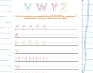 Handwriting worksheet: capital letters (diagonal lines) A K M N V W Y Z