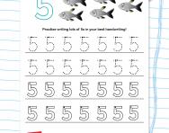 Handwriting practice: writing the number 5 worksheet