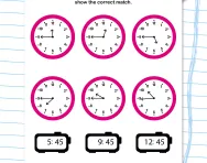 Match digital and analogue time (quarter to) worksheet