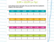 Ordering decimals by relating them to money worksheet