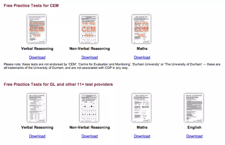 Free 'mock' practice tests written in the style of the CEM and GL Assessment tests from CGP Free 'mock' practice tests written in the style of the CEM and GL Assessment tests from CGP