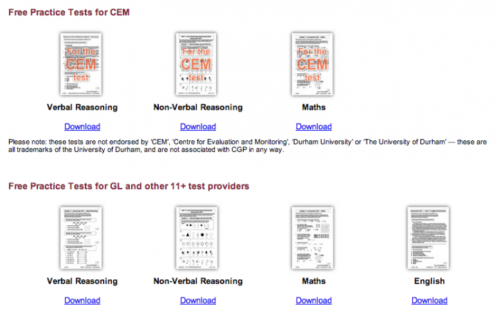 Free 'mock' practice tests written in the style of the CEM and GL Assessment tests from CGP