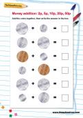 Money addition: 2p, 5p, 10p, 20p, 50p worksheet Money addition: 2p, 5p, 10p, 20p, 50p worksheet