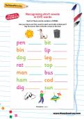 Recognising short vowels in CVC words worksheet Recognising short vowels in CVC words worksheet