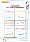 Tricky spellings words containing 'ph' worksheet Tricky spellings words containing 'ph' worksheet