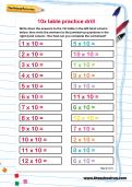 10 times table practice drill worksheet