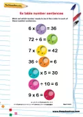 6 times table number sentences worksheet