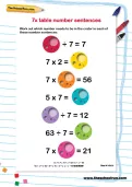 7 times table number sentences worksheet