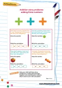 Addition story problems: adding three numbers worksheet