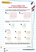Column addition with three- and four-digit numbers worksheet