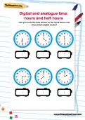 Digital and analogue time: hours and half hours worksheet