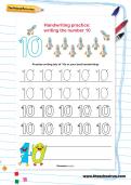 Handwriting practice: writing the number 10 worksheet