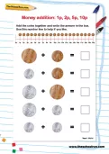 Money addition: 1p, 2p, 5p, 10p worksheet