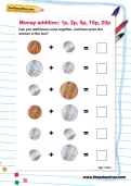 Money addition: 1p, 2p, 5p, 10p, 20p worksheet