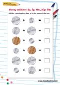Money addition: 2p, 5p, 10p, 20p, 50p worksheet