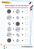 Money addition: 5p, 10p, 20p, 50p, £1 worksheet