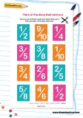 Pairs of fractions that total one worksheet