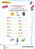 Recognising short vowels in CVC words worksheet